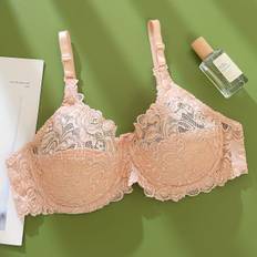 TEMU Elegant Plus-size Lace Women's Bra In Light Pink - Ultra-thin, With Floral Cut-out Design, Non-removable Pads, And Underwire Support