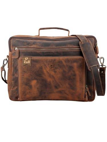 LEARICHI 17 Zoll Echte Jäger Leder Laptop Schulter Aktentaschen für Herren Rustikale Vintage Braun Umhängetasche im Distressed Look, Messenger Arbeitstasche mit Gepolstertem Laptopfach