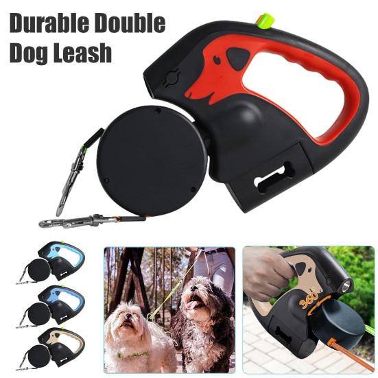 Infällbart hundkoppel för 2 hundar Nylontraktionsrep med LED-lampor Ergonomiskt handtag Bajspåsehållare för små hundar blå
