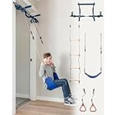 Gym1 Lyxigt inomhusgym, lekplats, lekplats, blå dörrgunga för barn, plastringar, klätterstege och pull-up-stång, lekset med 4 delar