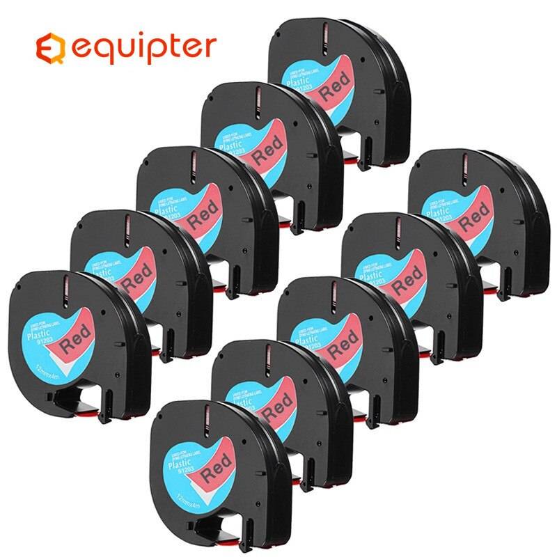 10 st 12mm*4m 12267 91201 etikettband kompatibla dymo letratag lt -100h etikettmaskin 92102 91203 91204 91205 91208 - Svart på rött