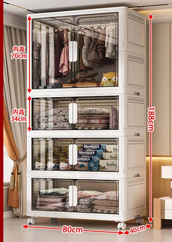 Wardrobe Clothes Organizer Foldable Organizer Cupboard Movable Storage Cabinets for Home - 80x40x188cm-grey
