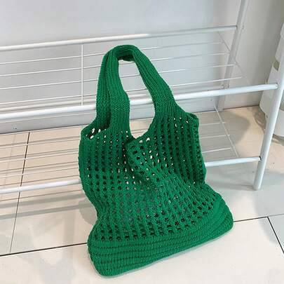 Damers stickad axelväska, vintage ihålig vävd stor kapacitet med blomdekor, shoppingtote, virkad väska, strandväska för sommaren - Grön