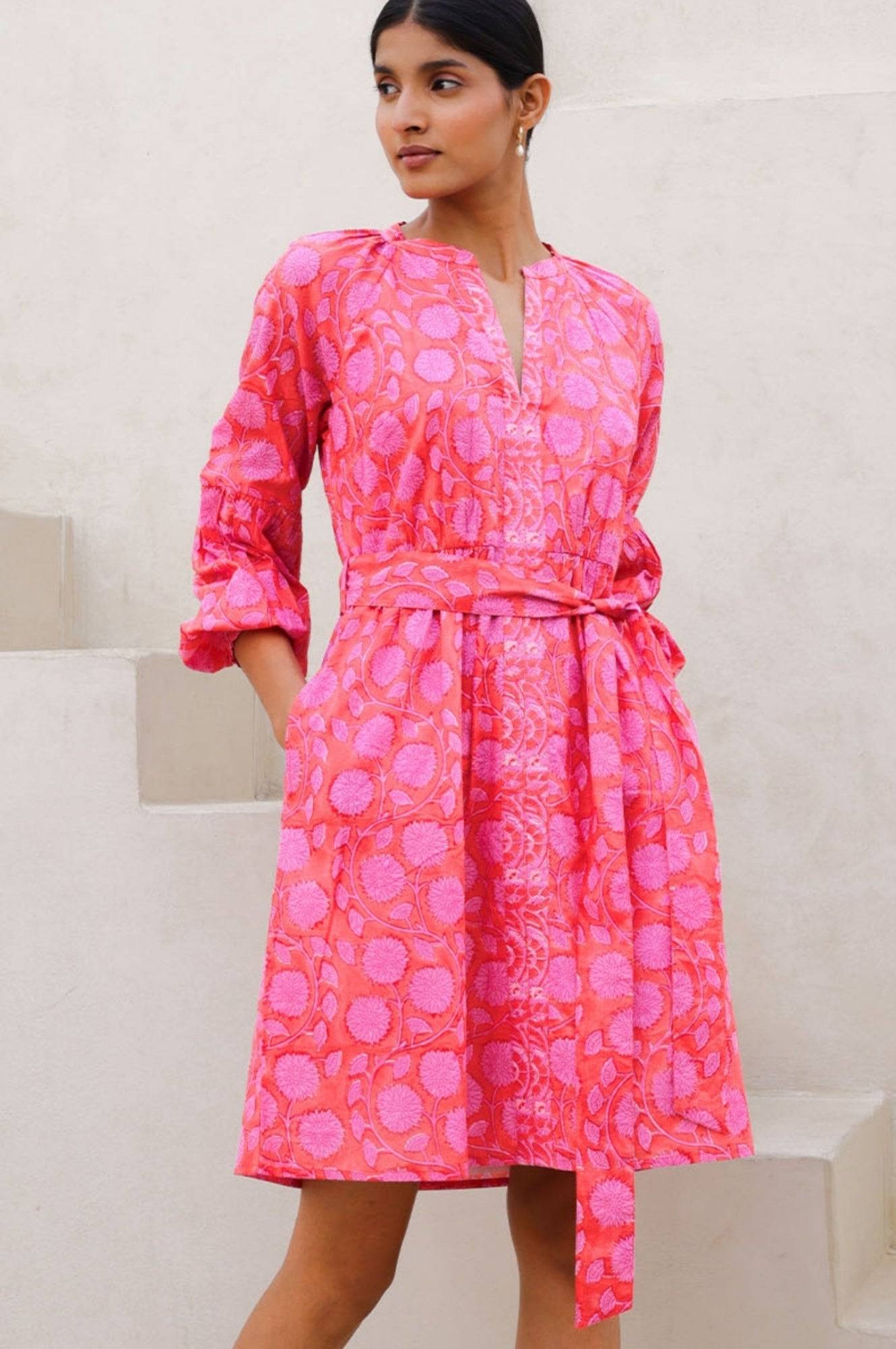 Aspiga Womens Sustainable Cara Dress Organic Cotton Block Print Short Floral Printed Summer Red Pink | L/14 - (UK 14/US 10/EU 42) | Regular Length | - pink