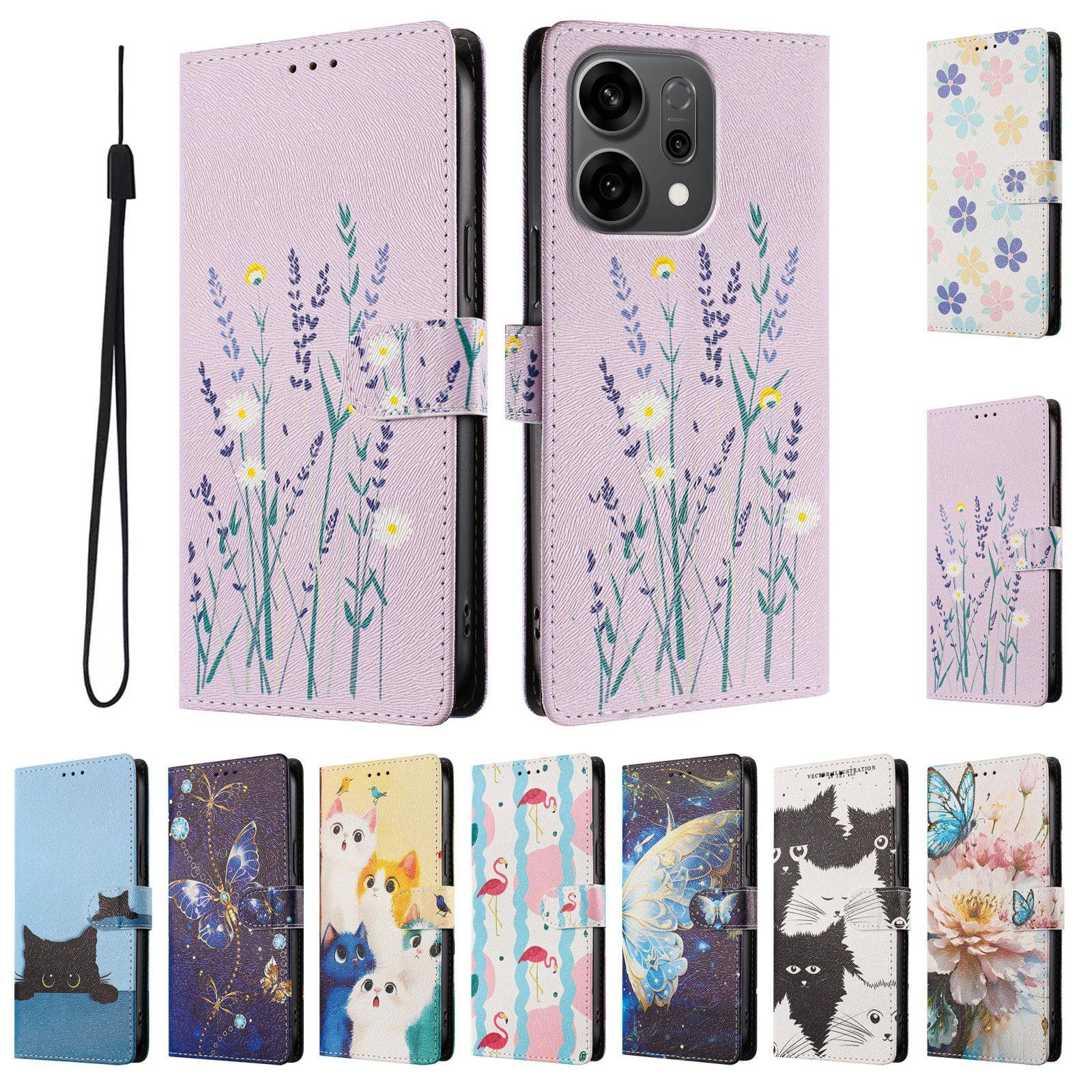 Lädertelefonfodral för Oppo Reno 14 13 12 11 10 Pro 14F 13FS 13A 12FS 11F Fodral Plånboksfodral Magnetiskt Målat Fodral Katt Blomma