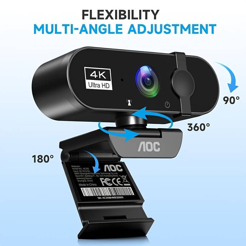 Aoc 4k Webcam For Pc With Microphone, Computer Camera With Noise Cancellation, Privacy Cover, 99° Fov, Usb Webcam For Streaming, Conferencing, Zoom, Skype, Facetime, Laptop, Pc