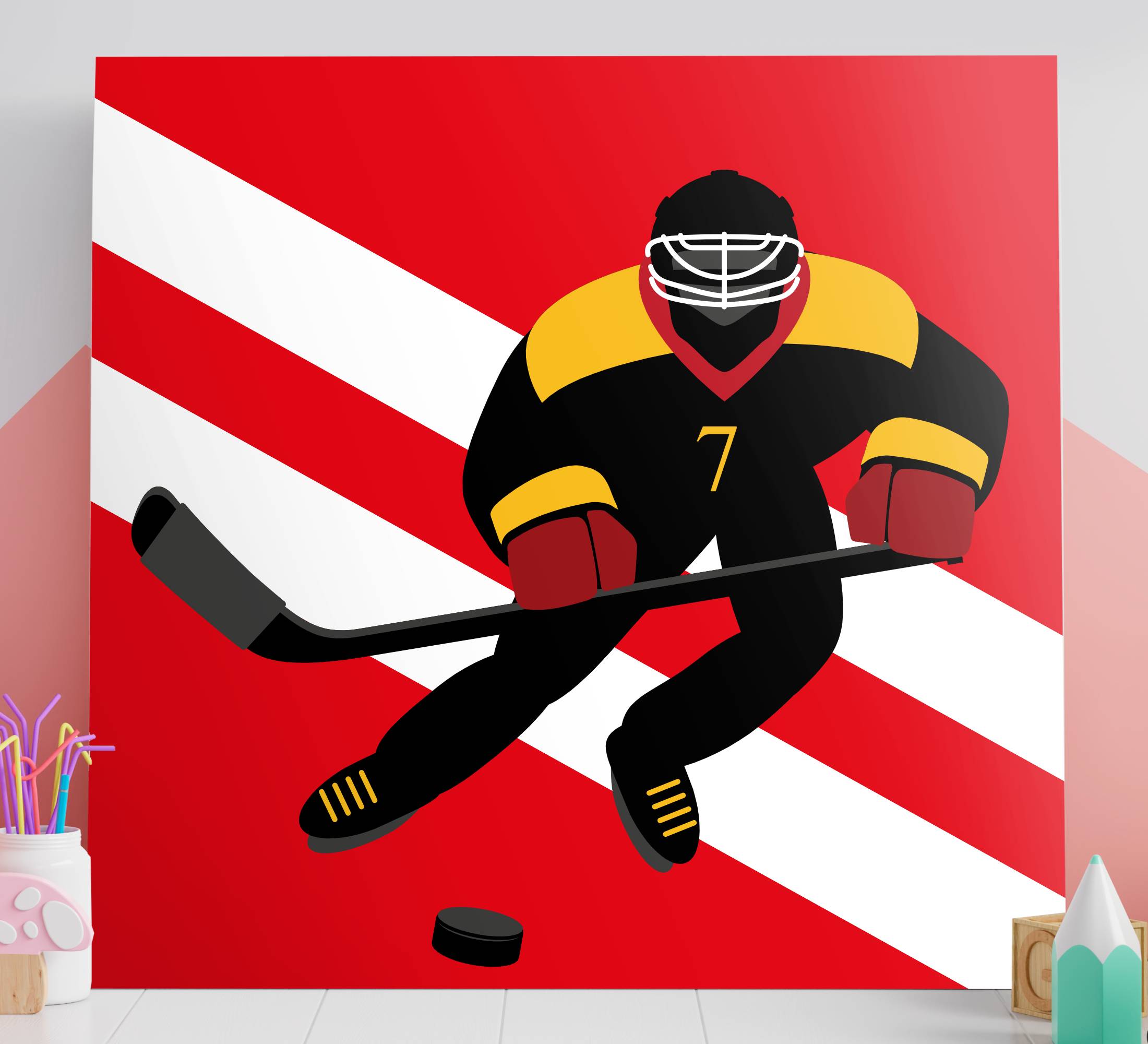 Röda och gula ishockeyfolk och karaktärstryck