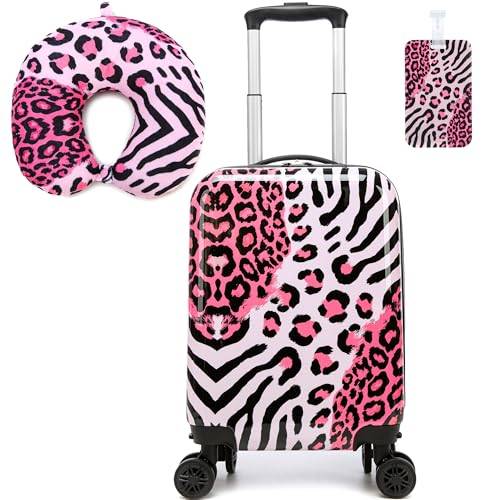 HTgroce 2-delat barnkoffertset, barnhandbagage med nackkudde och bagagetagg, flickor, barn, mini-koffert, trolley, hårdskals-koffert, rosa svart, 31 cm x 19.5 cm x 40.5 cm