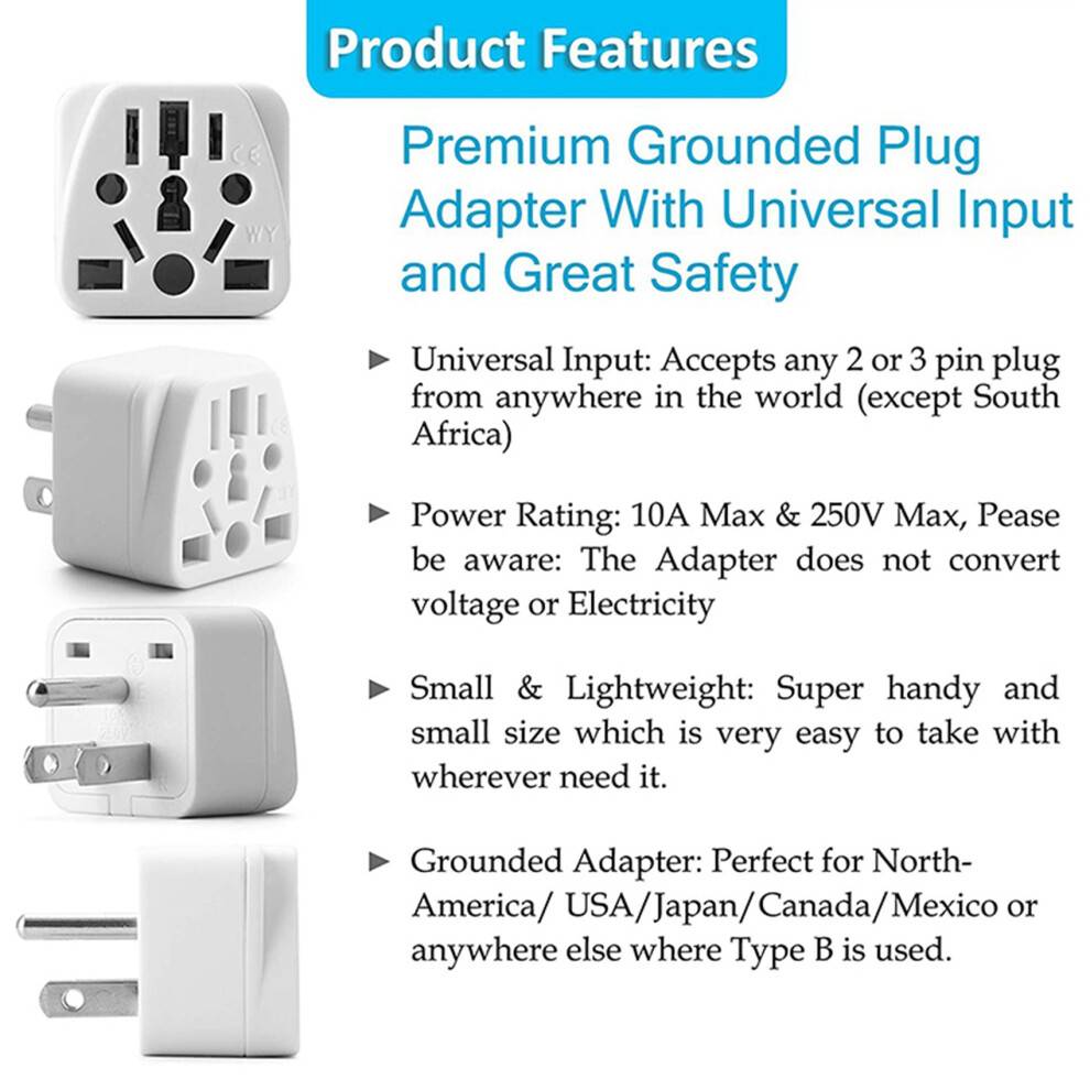 2X US Travel Plug Adapter EU/UK/AU/In/CN/JP/Asia/Italy/Brazil to USA (Type B), 3 Prong USA Plug, Charger Converter White