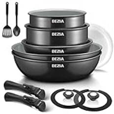 BEZIA Induktion köksredskap med hälsosam keramisk beläggning, nonstick kastruller och stekpannor set 13 st med avtagbara handtag, induktion husbil köksset med avtagbara handtag, ugnssäker