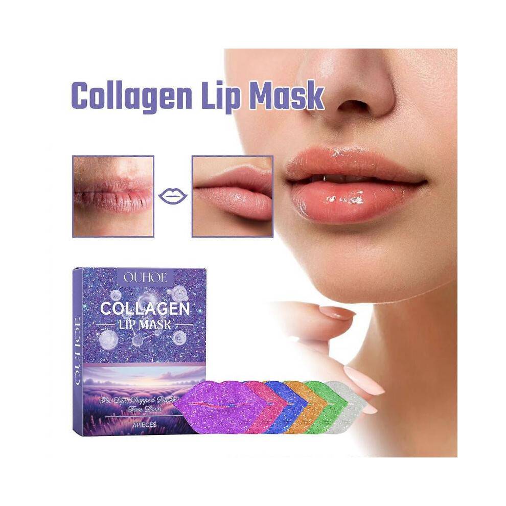 (purple, 6pcs) Collagen Lip Mask, Collagen Moisturizing Lip Mask Sheet, Gel Lip Pads Hydrating Lip Plumping Mask for Dry & Chapped Lips Care