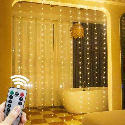Ljusslinga med gardinljus, USB-driven, för jul, halloween, födelsedagsdekoration, högtidsdekoration, trädgårdsdekoration, hängande ljusslinga, fjärrko - varm färg (3x2 meter,3x3 meter,3x1m)