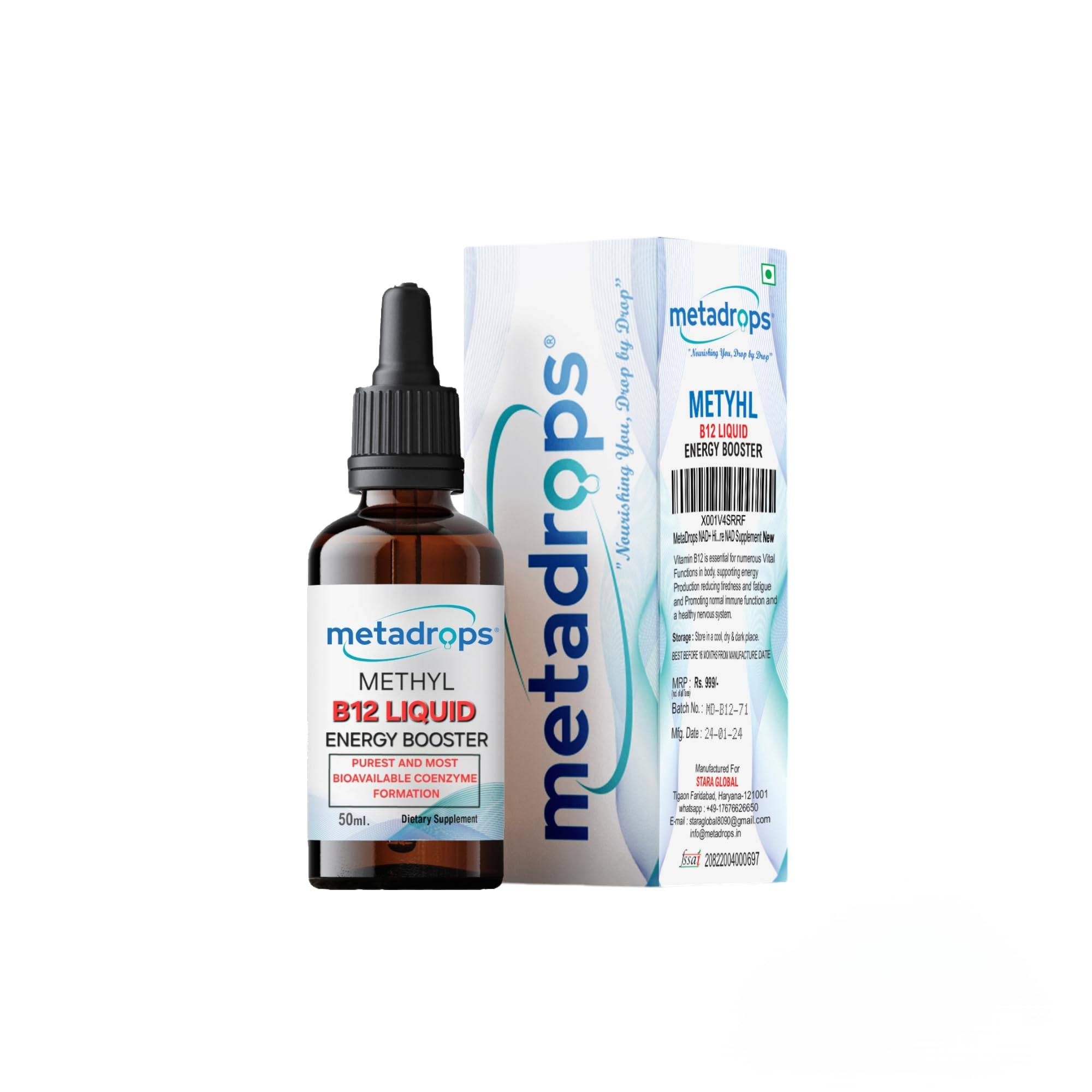 MetaDrops Vitamin B12 Flytande Droppar - Hög Potens Sublingualt Kosttillskott, 50 ml - Veganskt, Glutenfritt, Icke-GMO - Öka Energi & Metabolism