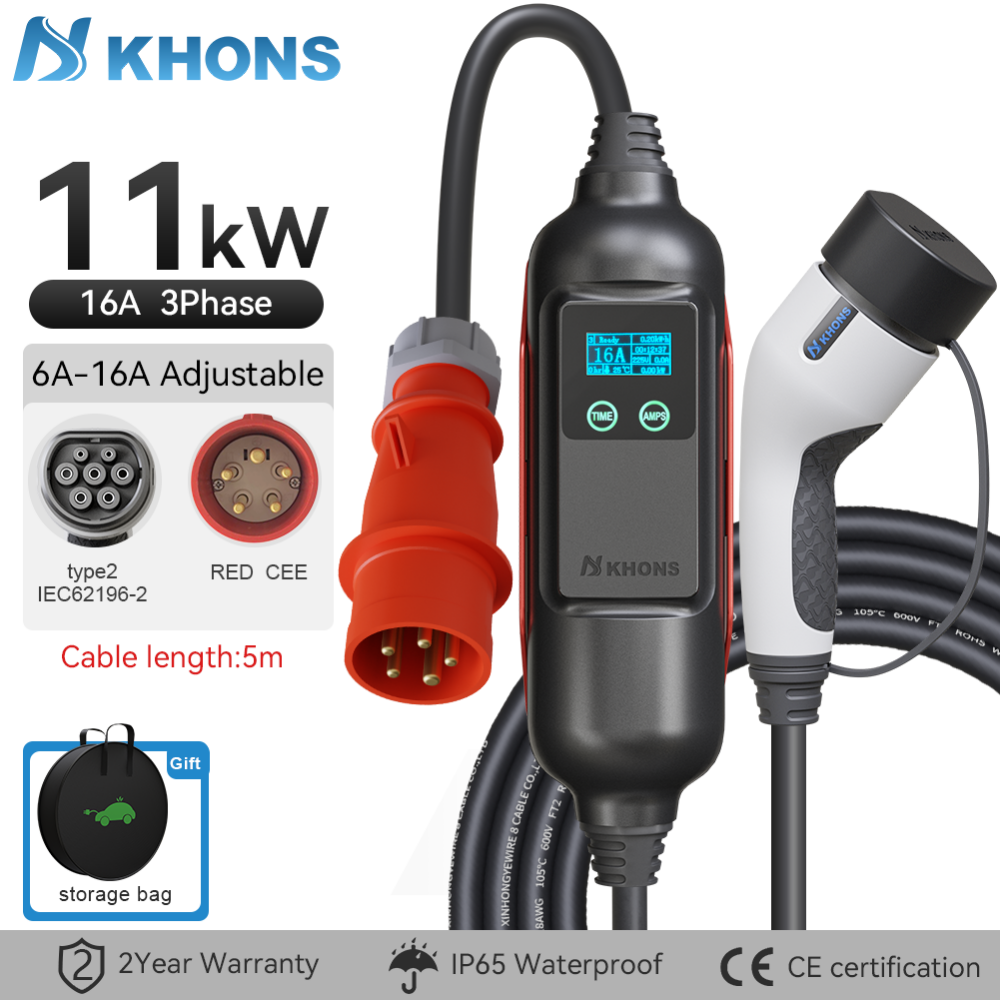 Khons Three-Phase 11kw Electric Car Type2 Portable Charger EVSE Charging Box 16A CEE Plug Electric Car Charger Wallbox