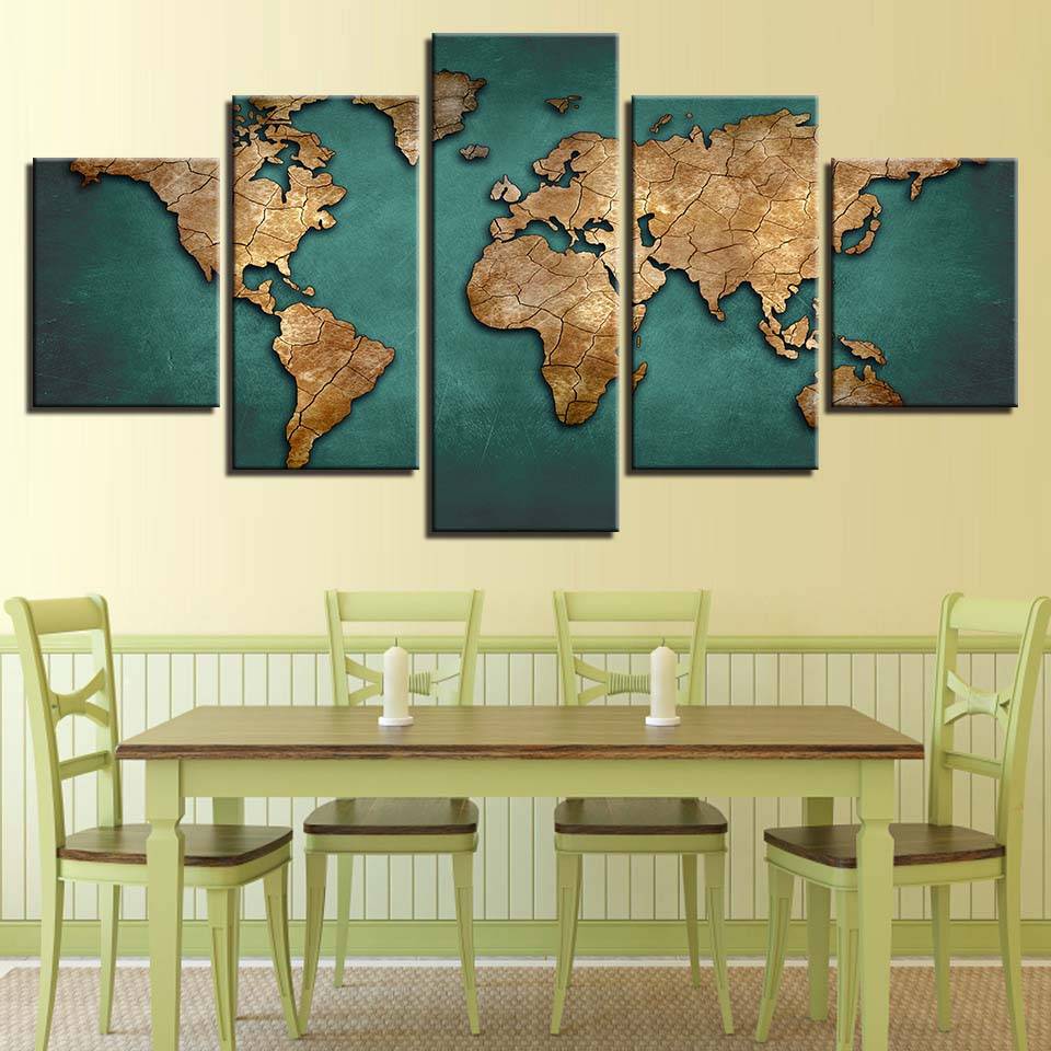 Världskarta på grön bakgrund Affisch 5 st Modern hem Väggdekor Canvas Bildkonst HD Print Målning på duk för vardagsrummet black