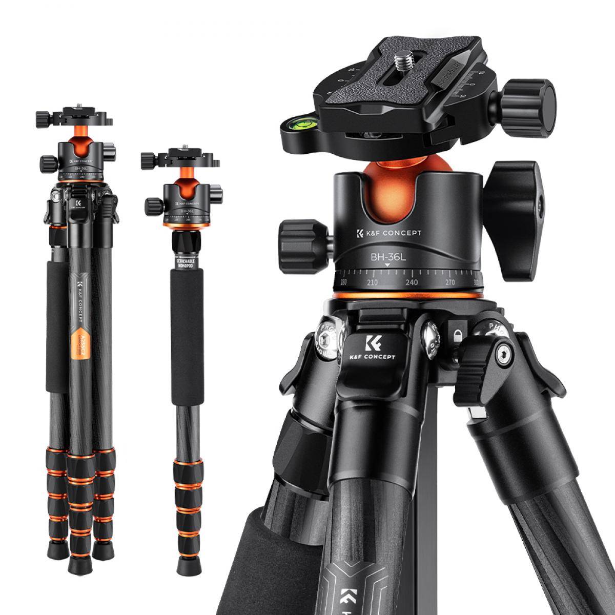 KENTFAITH K&F Concept 62 inch Carbon Fiber Camera Tripod,Portable Compact Tripods with Detachable Monopod,360° Metal Ball Head 15KG/33lbs Load Capacity with Quick Release Plate for Travel and Work A255C2+BH-36L Air Pro Series