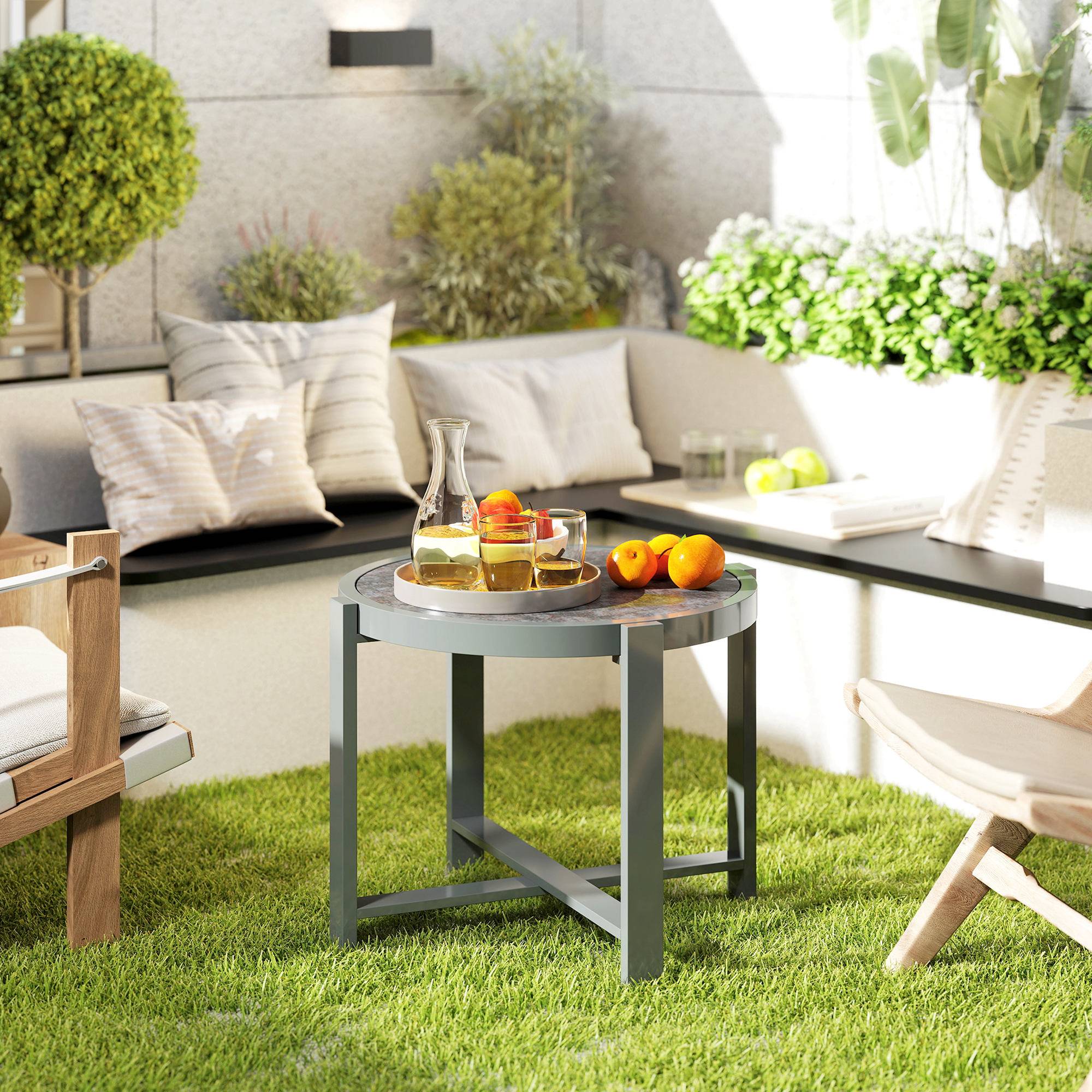 Sidebord havebord rundt vejrbestandigt aluminium balkonbord med marmorlook campingbord sofabord til stue kontor udendørs indendørs grå