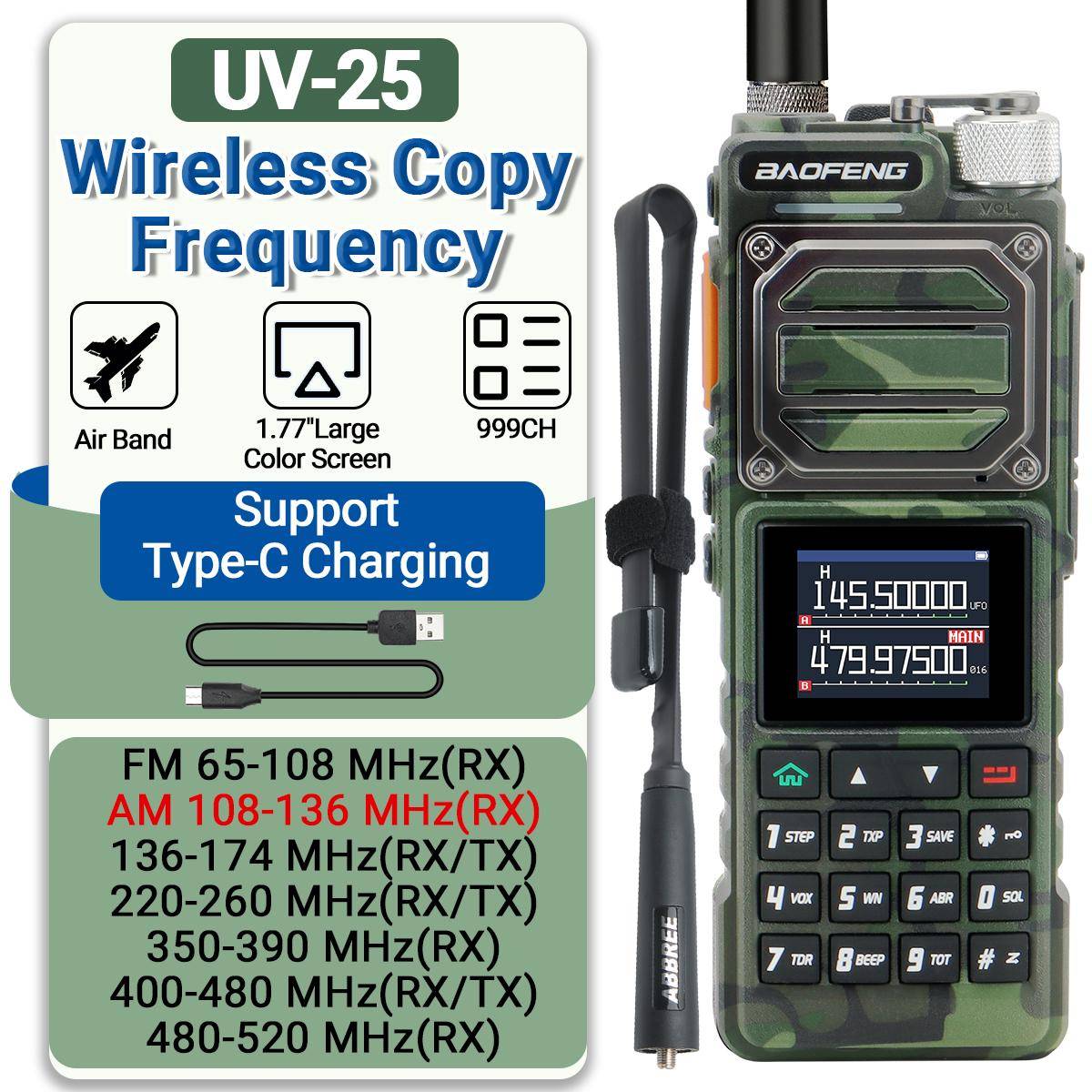 Baofeng UV-25 Flygbands Walkie Talkie Lång Räckvidd UHF VHF Trådlös Frekvenskopiering NOAA Typ-C Laddning AM Amatör Tvåvägsradio UV-21