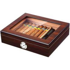 Håndlavet cigarkasse, cigarkasse i cedertræ med luftfugter og hygrometer, glaslåg