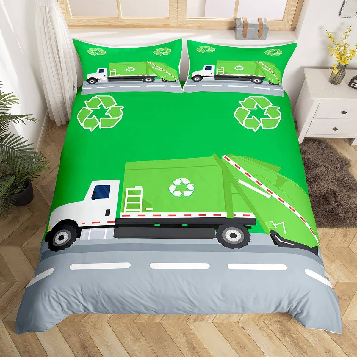 Barn Pojkar Grön Sopbil Kung Drottning Påslakan Sopbil Täcke Överdrag Fordon Bil Sängkläder Set Polyester Quiltöverdrag 70x133cm 2pcs