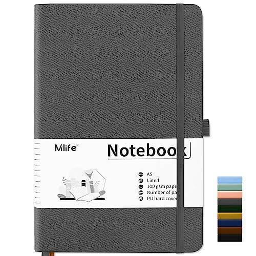 Mlife A5 Linjerad Anteckningsbok, Anteckningsbok med 200 Sidor, Tjockt 100 G/M² Bläckbeständigt Papper, Anteckningsbok med Pu-Hårt Omslag, Innerficka, Elastiskt Band, Bullet Journal & Dagbok (grå)