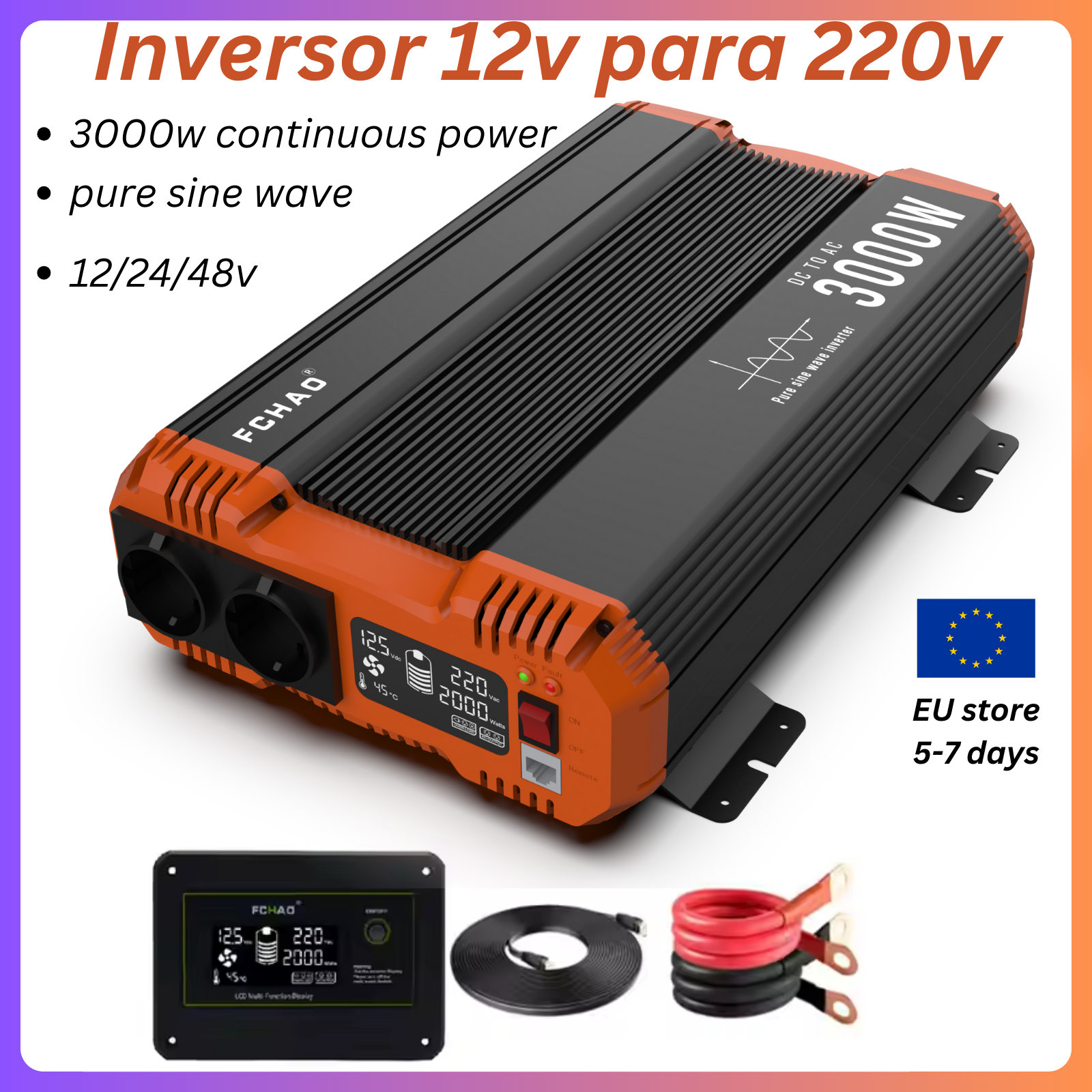 FCHAO Pure Sine Wave Inverter 6000W (3000W (W Continuous) DC 12V 24V 48V to AC V 230V 50Hz Power Converter with take control