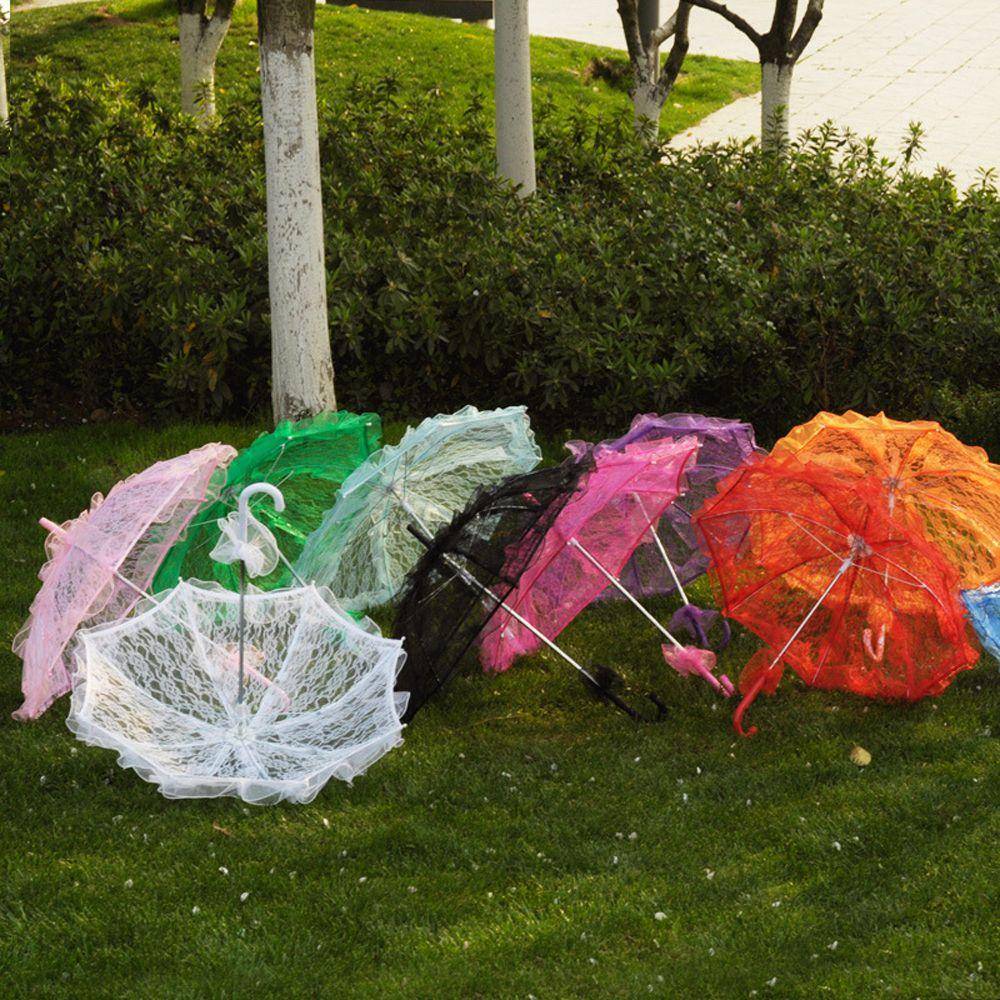 Hantverk Genombruten Spets Blommig Paraply Spets Bröllopsparaply Långskaftade Paraplyer Broderi Solskydd vit