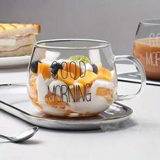 Stor frukostmugg i glas med vid öppning, handtag och "God morgon"-tryck - Klar värmetålig borosilikatmugg, idealisk för flingor, havregryn, yoghurtpar - Multifärgad (1 st böjt halm,1st frukostkopp med ord)