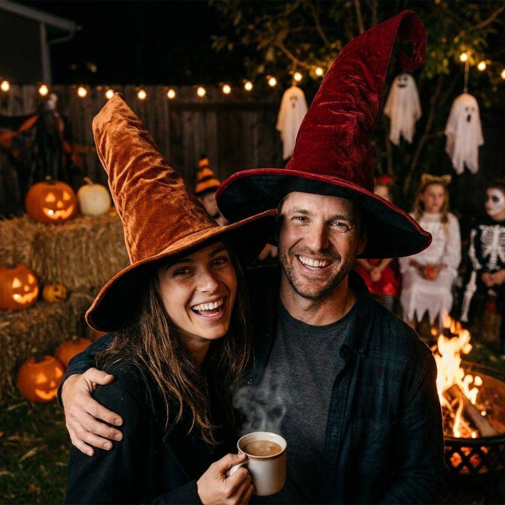 Sammet Halloweensk Witchhatt Stor Bred Brätte Böjd Spets Hög Witchhatt Vintage Böjbar Vikbar H witch Kostymhatt Skol Event brun