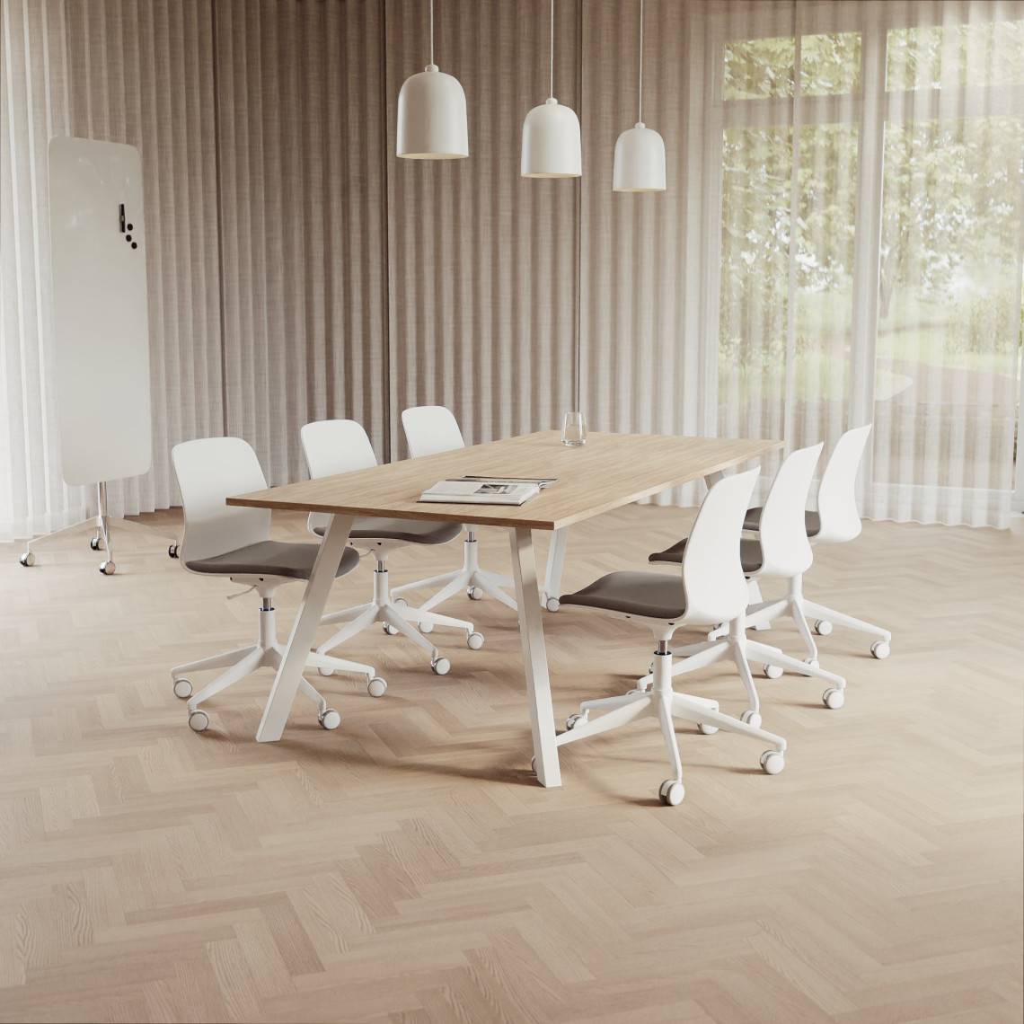 Konferencesæt Viggo + Ergo 006C, Størrelse 6 pladser (220 cm), Bordplade Eg, Understel Hvid, Stol Hvid / Lysegrå