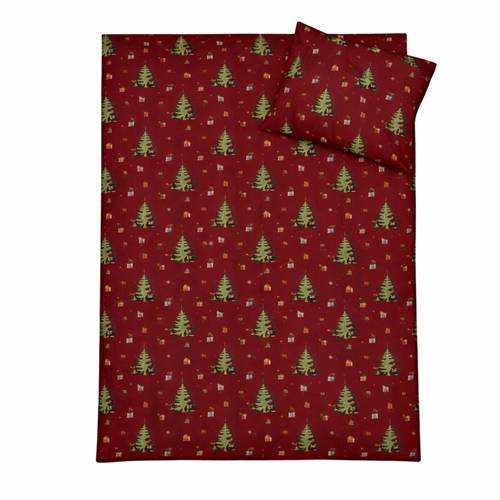 Julsängkläder - 100% bomull - Juniorsängkläder 100x140 cm - Röd med julmöss som pyntar till jul