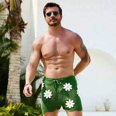 Men&#39;s Floral Pattern Drawstring Waistband Casual Vacation Knitted Shorts. Men&#39;s Swimming Shorts. Suitable For Casual Vacation Outfits, Daily Wear, Par - Dark Green - L,M,S,XL