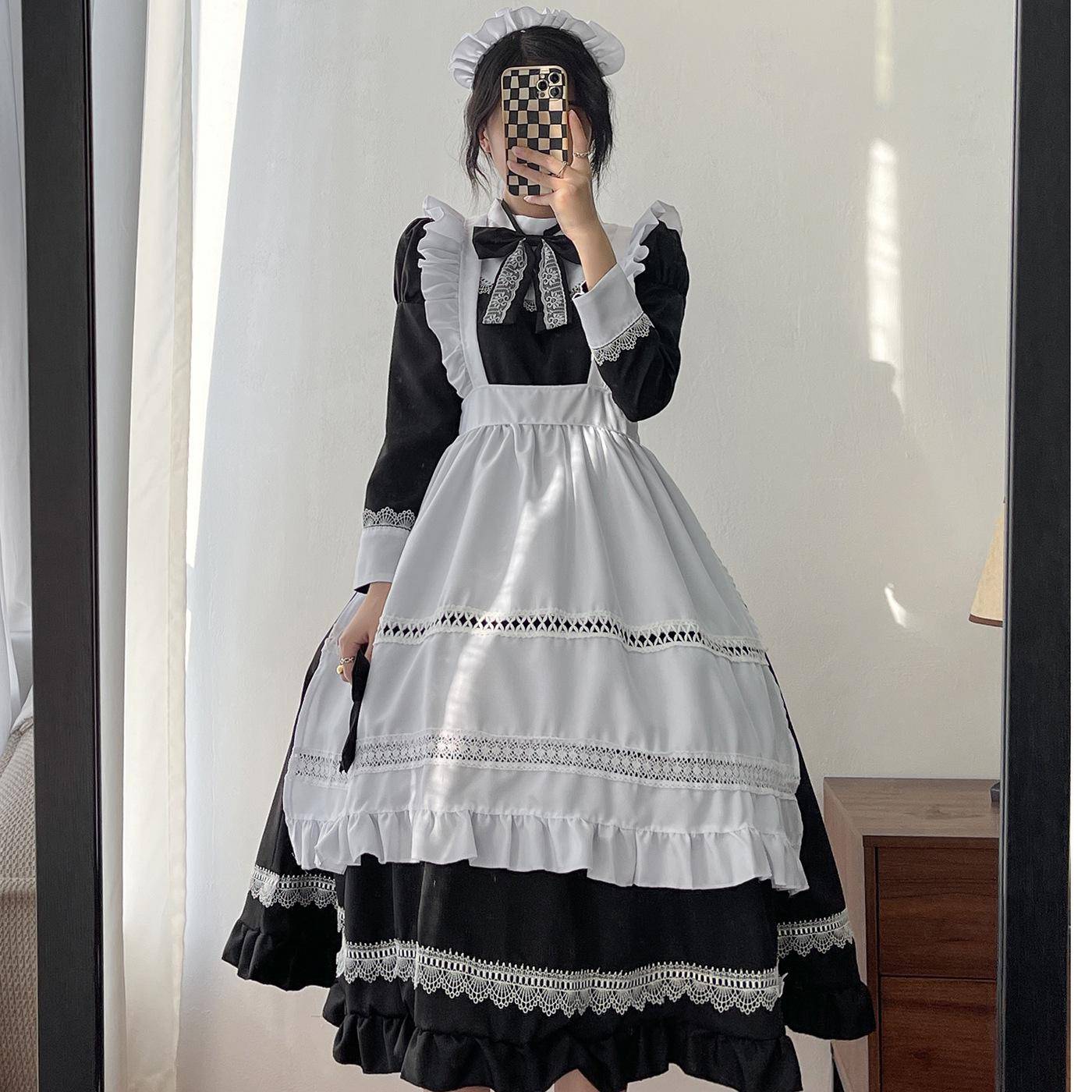 Brittisk Långärmad Maid Cosplay Kostym - Japansk Stil Uniformsklänning (Plusstorlek tillgänglig) cm black