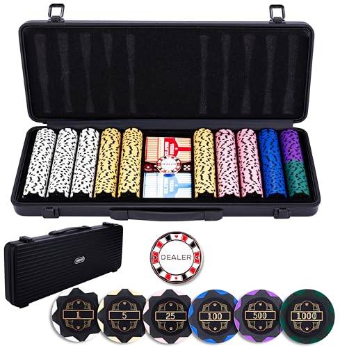 Engelhart – 320961 – Pokerset svart metallväska med 500 marker (14 g) numrerade (1–1000), 2 kortlekar, 1 dealerknapp, 5 tärningar