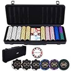 Engelhart – 320961 – Pokerset svart metallväska med 500 marker (14 g) numrerade (1–1000), 2 kortlekar, 1 dealerknapp, 5 tärningar