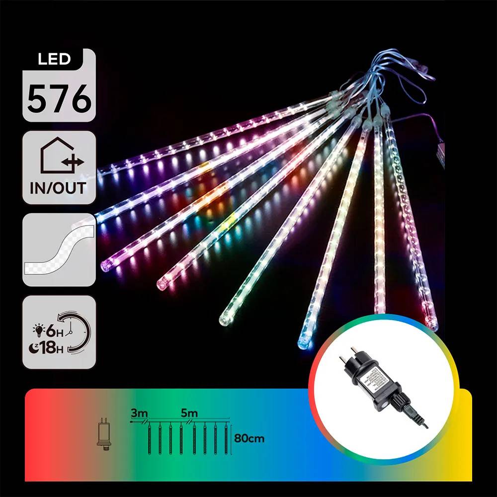 Aigostar Meteor Shower 0.8m 8 Strips 3m + 5m Rgby Ip44 Indoor & Outdoor Low Voltage Led-lyskæde