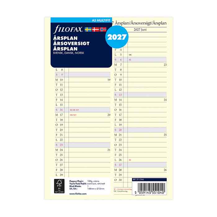 Filofax A5 Årsplan refill 2027