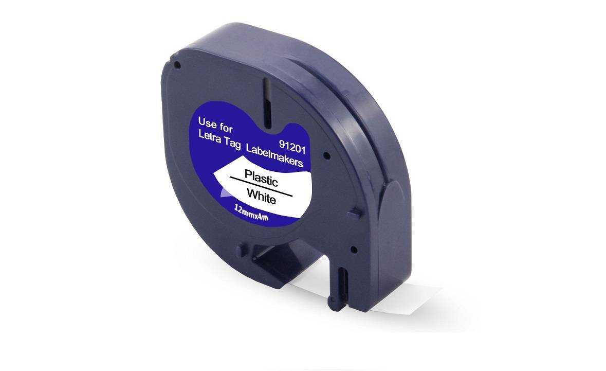 Dymo LetraTAG Tape 91201 sort på hvid plast tape 12 mm x 4 m Kompatibel.