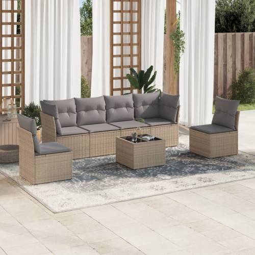 Matgrupp för trädgården med dynor 7 delar beige konstrotting