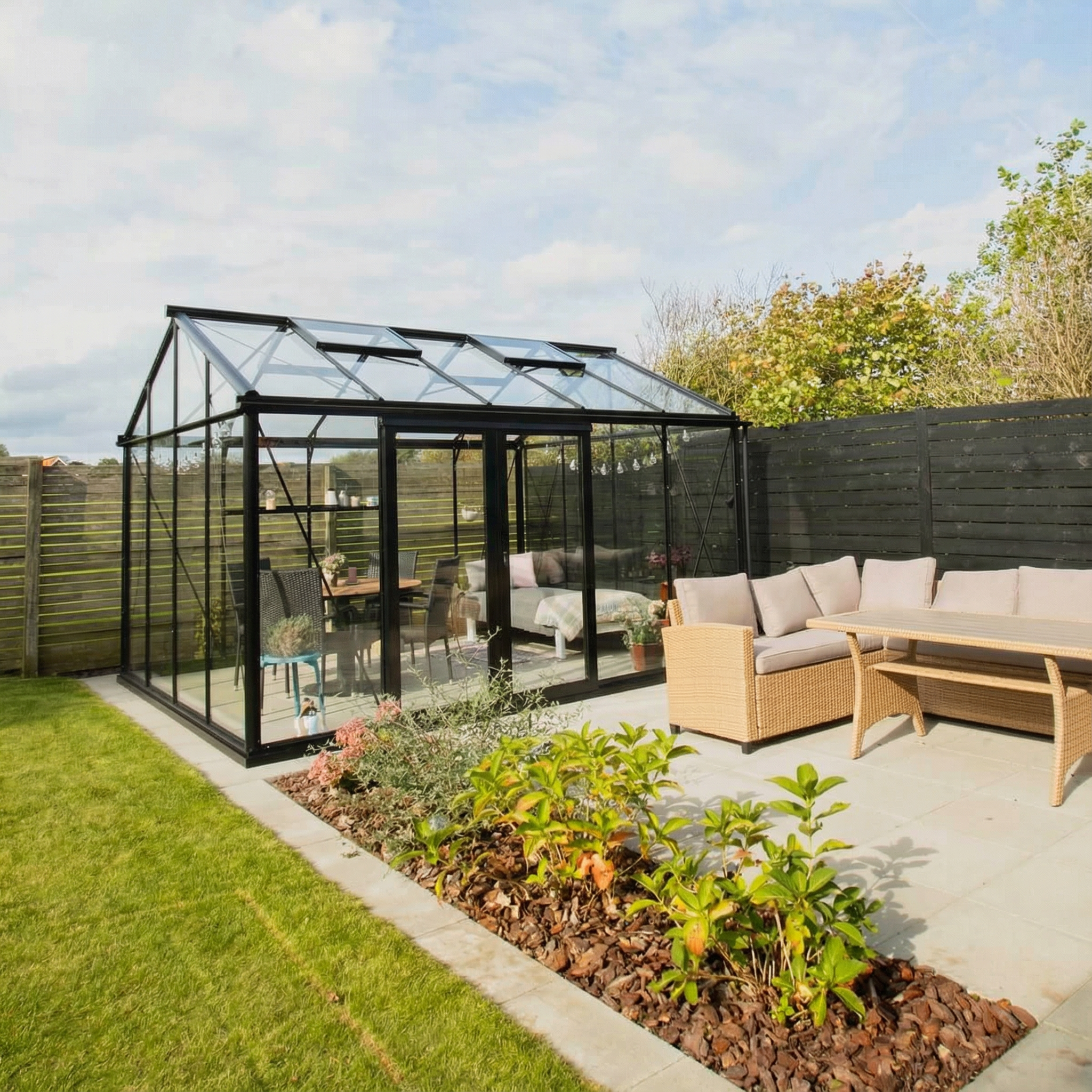 Drivhus Royale 12.1 M² 2.0 - Ral 6009 army grøn / 4 mm. hærdet helbaneglas komplet / Dobbelt skydedøre med lås (uden sprosser)