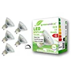 5x greenandco® CRI 90+ LED-spot dimbar ersätter 36W GU10 halogenstrålkastare, 5W 320lm 3000K varmvit 110° 230V AC, flimmerfri