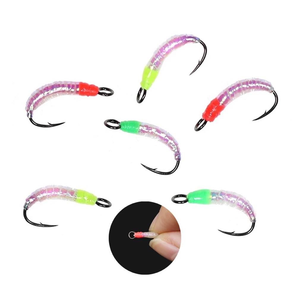 6PCS Size #8~ #18 Flash Gliss Body Nymph Fly Larvae Trout Perch Fishing Flies Bait Lure with Big Eye Hook Artificial Bait Green