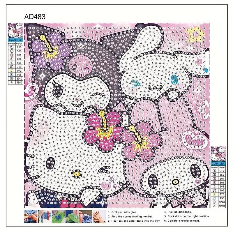 TEMU 1pc Vibrant Hello Kitty & Kuromi 5d Diamond Painting Diy Kit, 6.69x6.69 Inches Drill Rhinestone Art With Frame - Decor Craft, Mosaic Wall Art For Tabletop Display