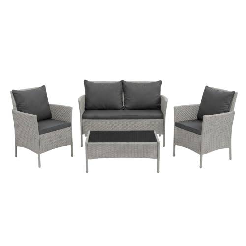 POKAR Loungegrupp Konstrotting Ute Grå med Sitt- och Ryggdynor Antracit | 4 Delar Set, Soffa 100x43x80, 2x Fåtölj 55x45x80, Bord 68x41x38 cm, PE-Rotting, Metallstomme, Glas | Altan och Uteplats
