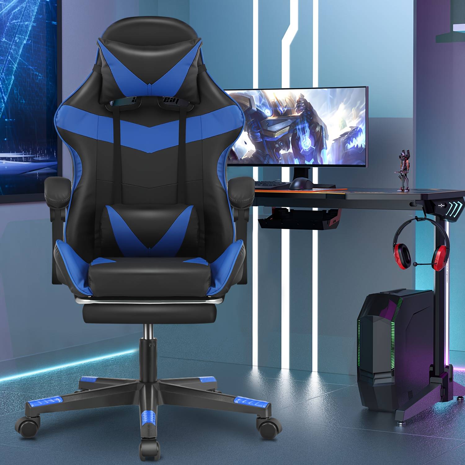 TEMU Gaming Chair, Computer Chair With Lumbar Cushion, Headrest, Footrest, Height-adjustable Office Chair Gaming Chair For Adults, Girls, Boys