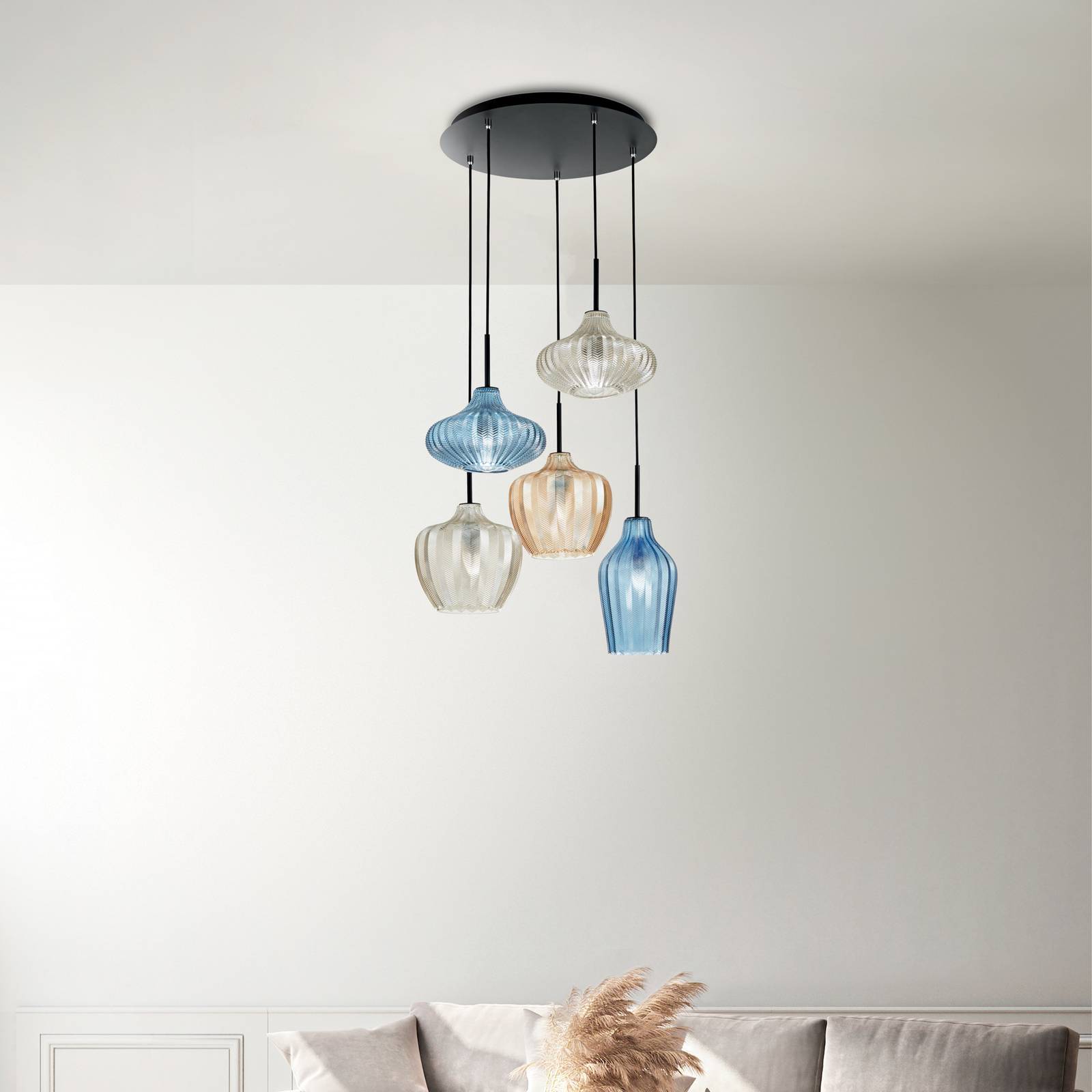 Fabas Luce Glas pendellampa Olbia, dimbar, Blå, Vardagsrum / matsal, Glas, Modern, Pendellampa