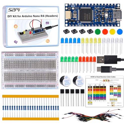 GeeekPi DIY-kit för Arduino Nano R4 med Headers, nybörjarelektronikuppsättning, inkluderar brödbräda, LEDs, motstånd, transistorer, tryckknappar, jumper-trådar, USB-C-programmeringskabel