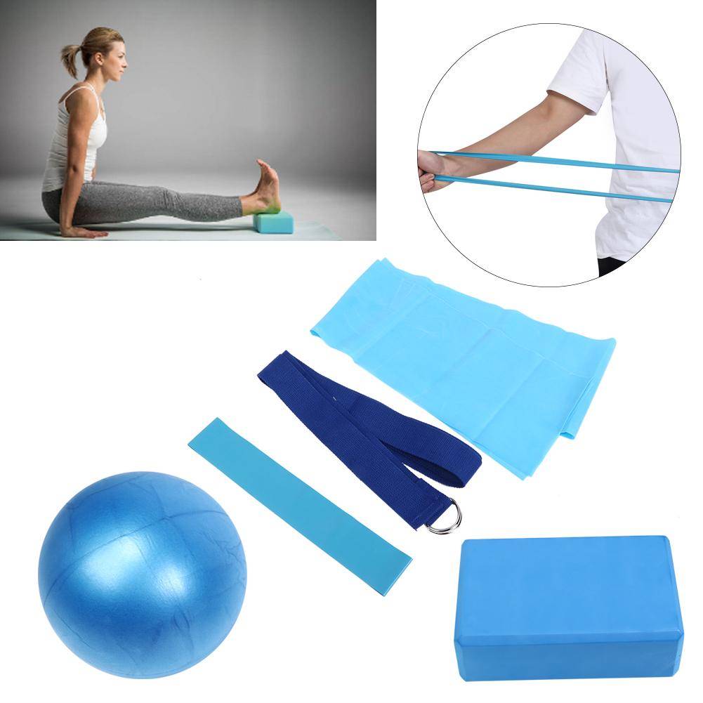 5 st / Set Yogablock Stretchbälte Latexhandduk Motståndsband Yogaboll Träningsset blue
