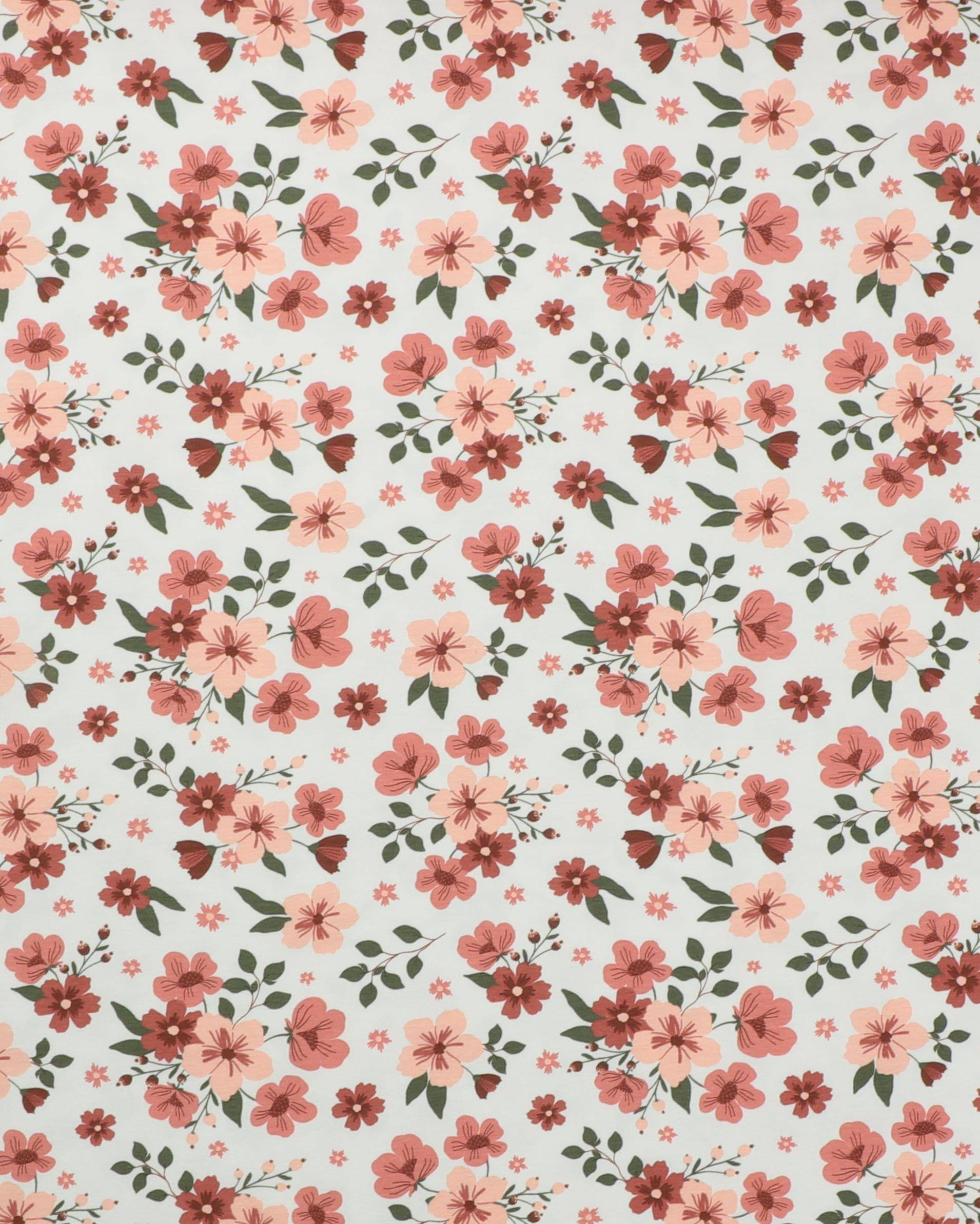Flødefarvet m. blomster - Jersey - 95% Bomuld, 5% Elastan