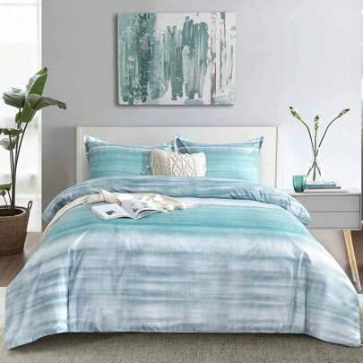 2/3-delars set med blått, grått, blågrönt randigt tryckt vändbart påslakan, modern bohemisk lantlig stil, mjukt och lyxigt lättviktigt mikrofibersängk (Multi-size)
